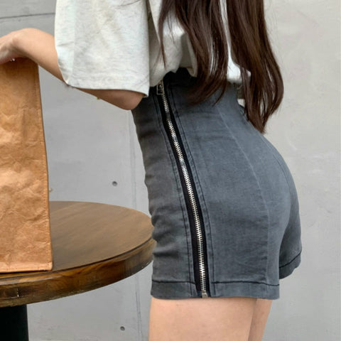 High Waist Solid Side Zipper Denim Shorts