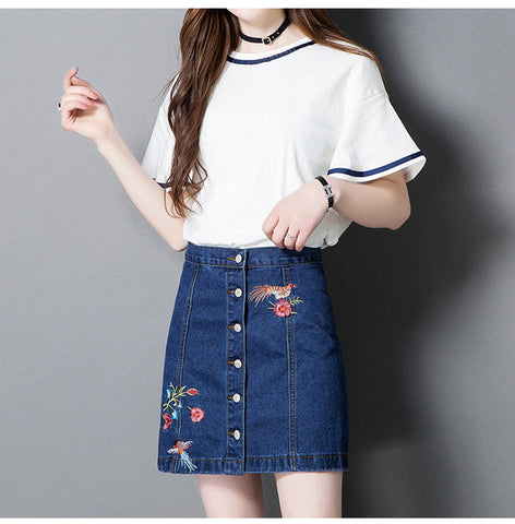 Floral Embroidery Denim Skirt With Button