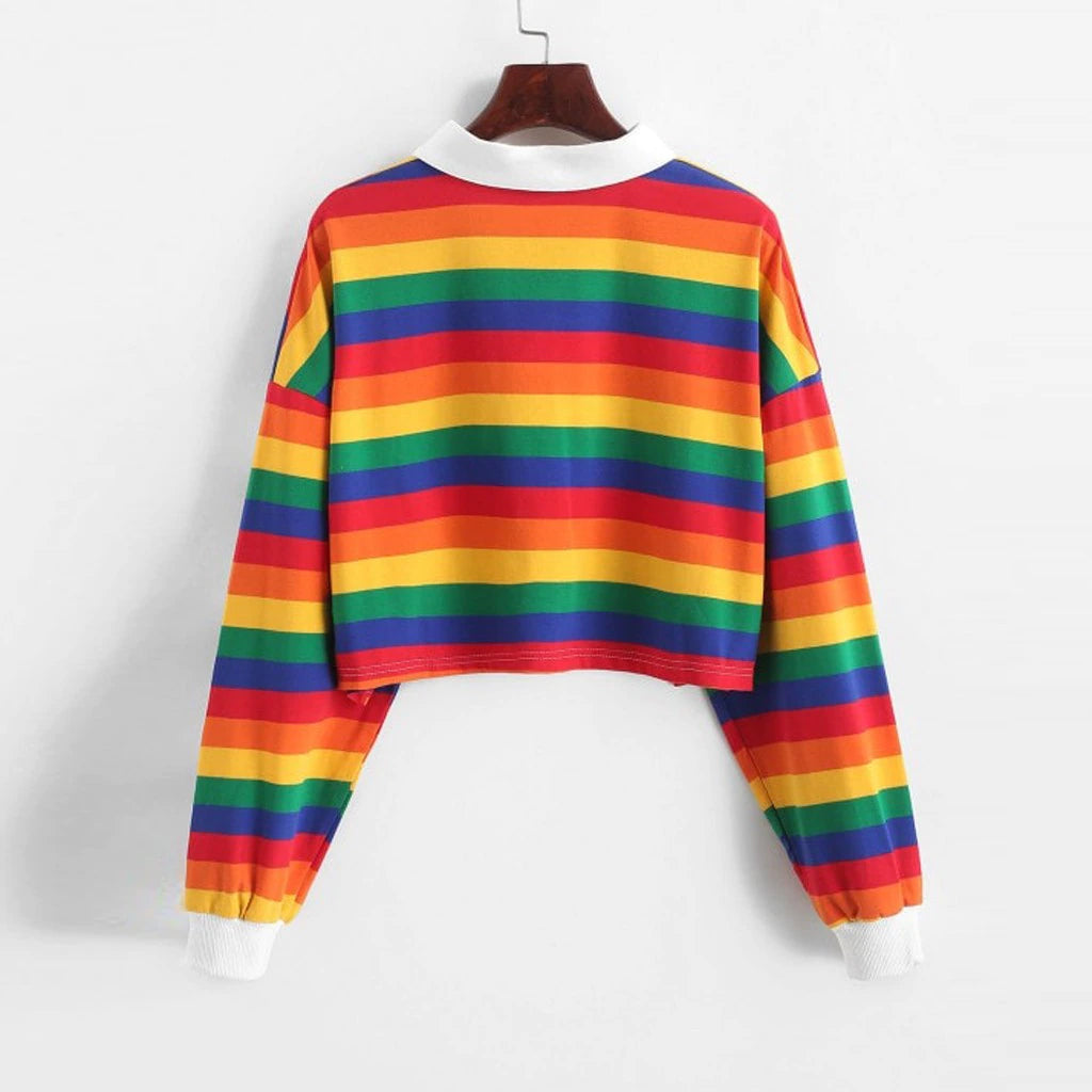 Rainbow Striped Long Sleeve Collar Cropped Shirt