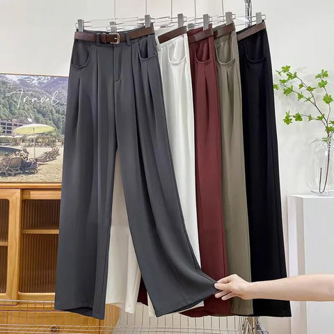 High Waist Loose Straight Office Long Pants With Belt