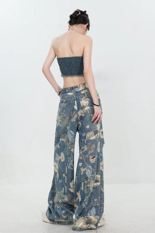 High Waist Floral Pattern Long Ripped Jeans Pants