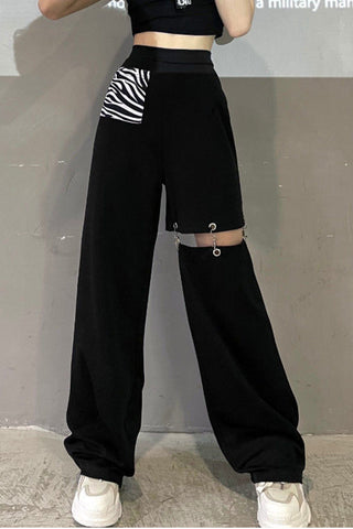 Hollow Out Black Wide Leg Cargo Pants