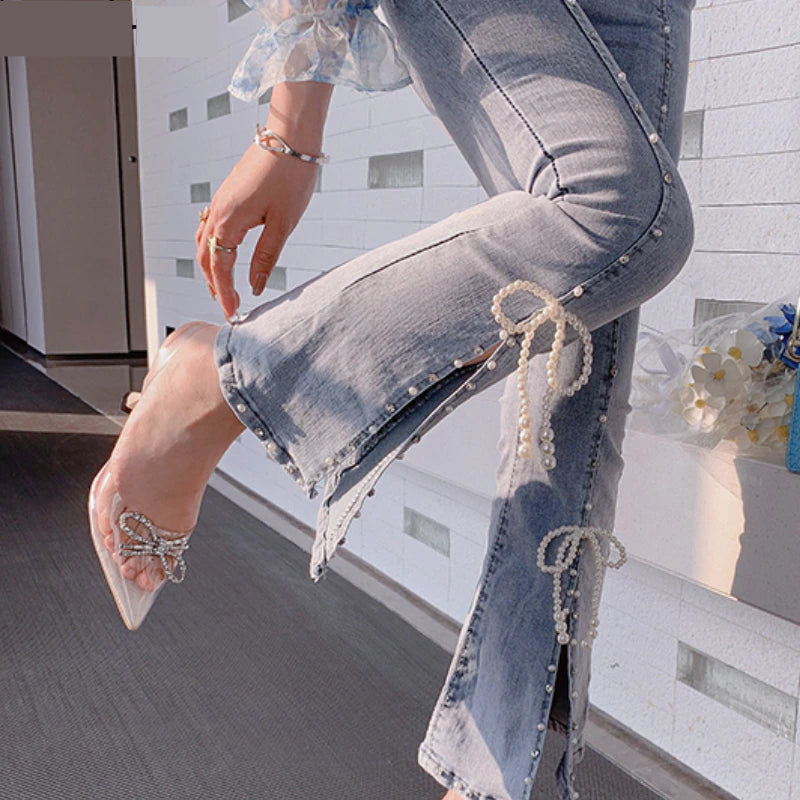 Elegant Beading Bowknot Long Denim Pants