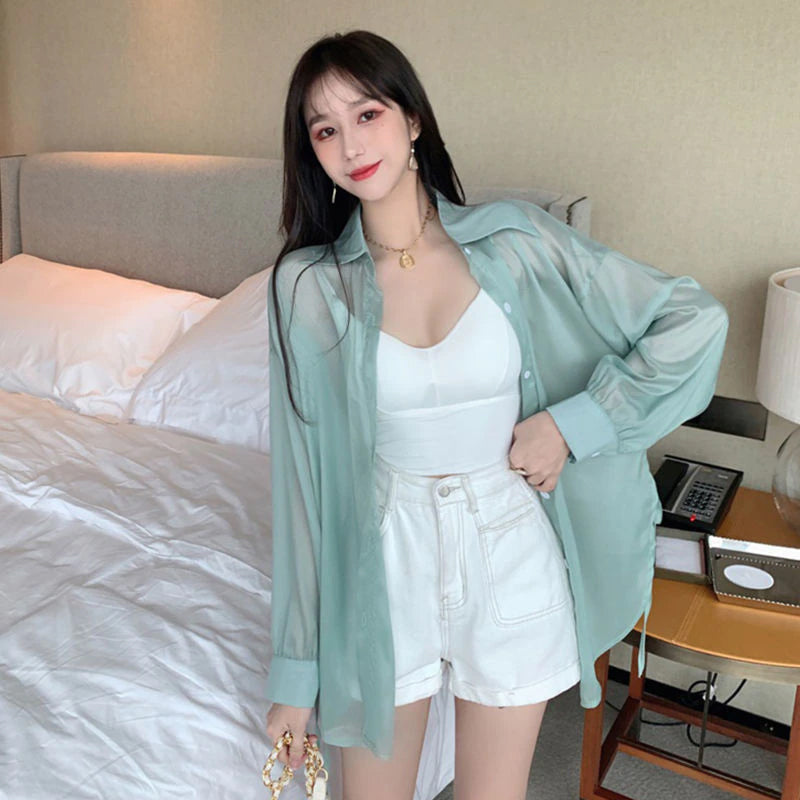 Camisa blusa transparente con lazo en la espalda suelta 