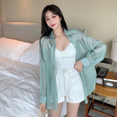 Camisa blusa transparente con lazo en la espalda suelta 