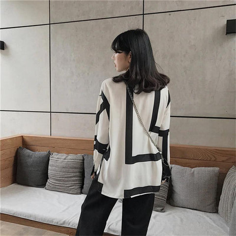 Vintage Asymmetrical Striped Printed Blouse Shirt