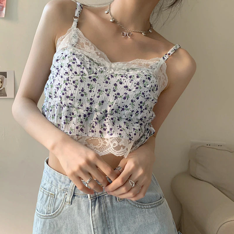 Sexy Camis mit Blumenmuster und Spitze, bauchfreie Tops 