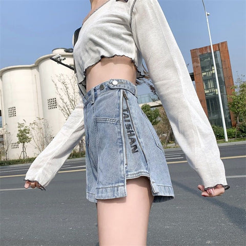 Side Zipper Casual Shorts Jeans Pants