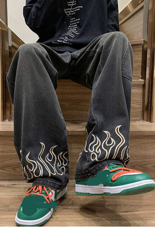 Flame Embroidered Hip Hop Jeans Pants