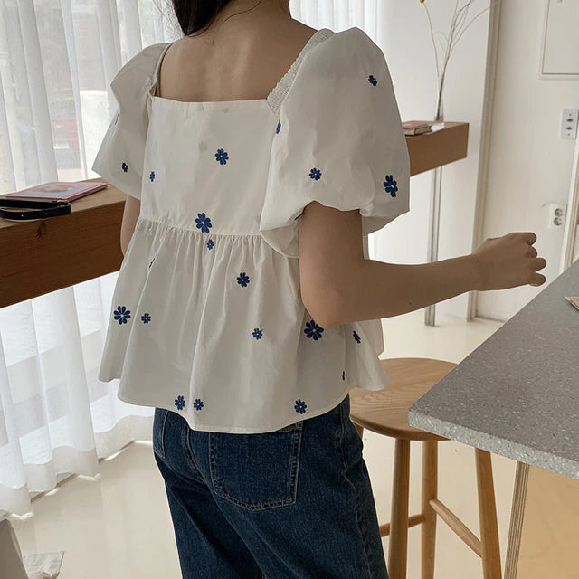 Loose Puff Sleeve V-Neck Floral Blouse Shirt