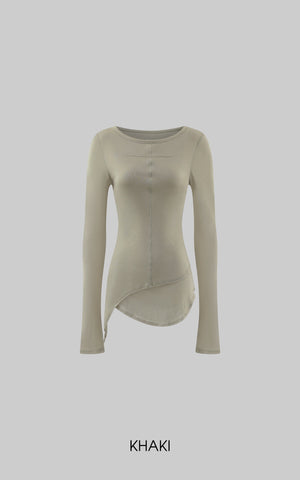 Asymmetric Long Sleeve T-Shirt with Raw Edge Details