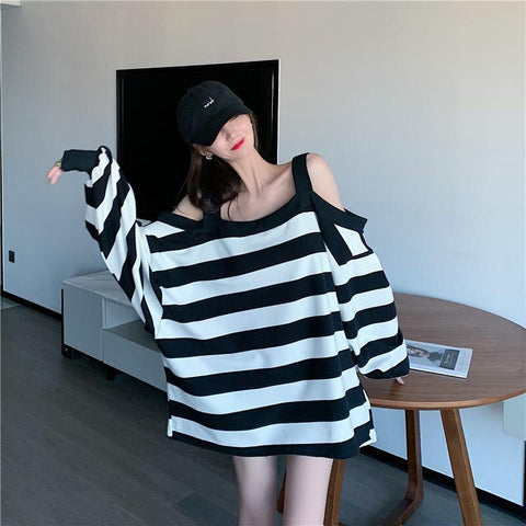 Oversize Striped Long Sleeve Open Shoulder Shirt