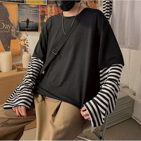 Long Sleeve Fake Two Piece Striped Shirt