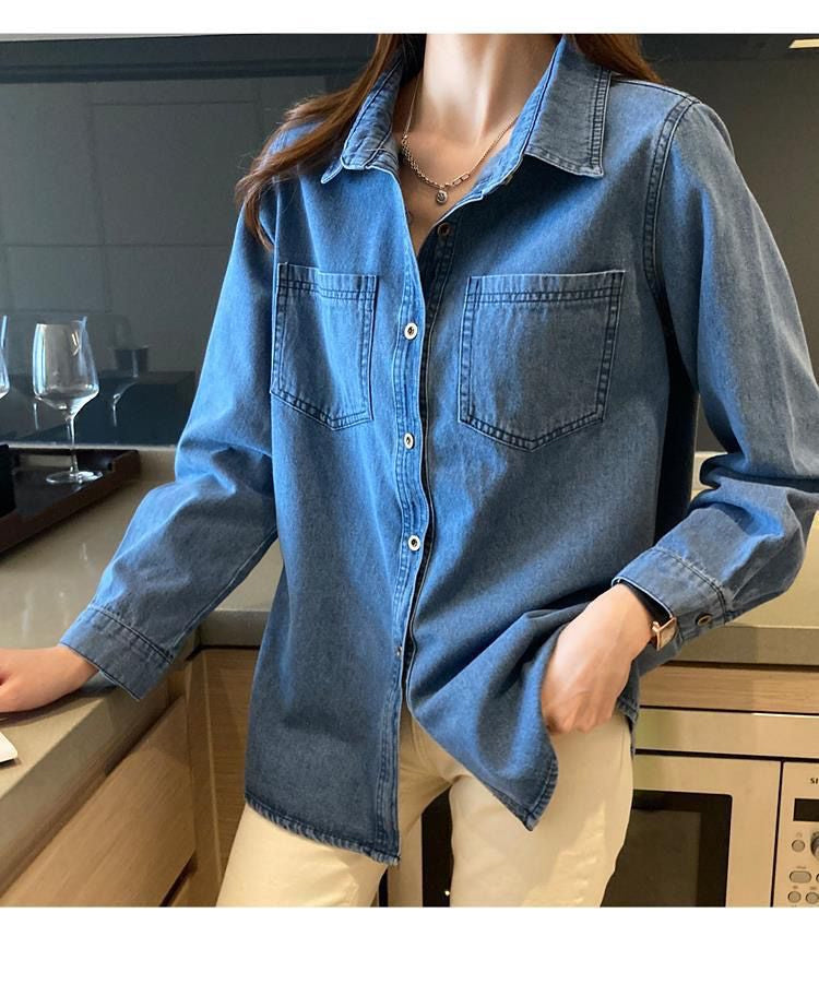 Camisa blusa elegante de mezclilla vintage suelta 