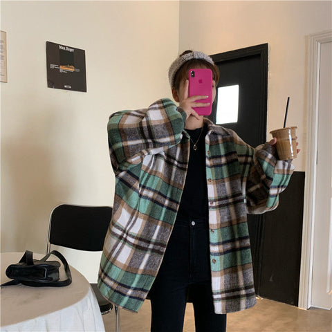 Korean Plaid Single Breasted Oversize Shirt