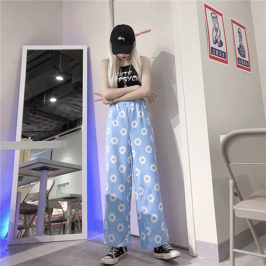 Pantalones sueltos con estampado floral de margaritas kawaii