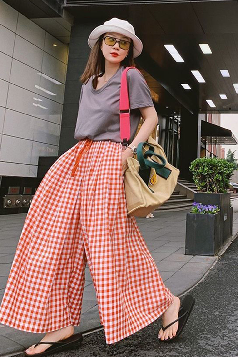 Retro Plaid Elastic Waist Wide Leg Loose Pants