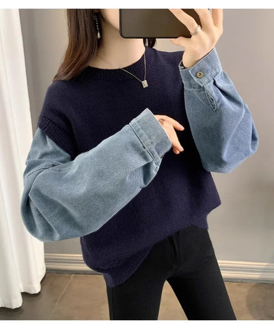 Long Sleeved Denim Casual Sweatshirt