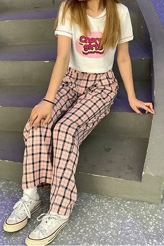 High Waist Casual Pink Plaid Pants