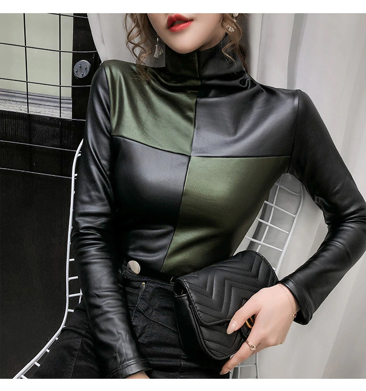 Color Block Long Sleeve Turtleneck Leather Tops