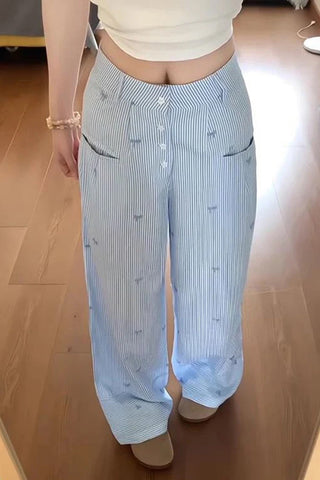 High Waist Bow Embroidery Blue Striped Wide Leg Pants