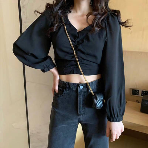 Long Sleeve Puff Sleeve V-Neck Crop Tops