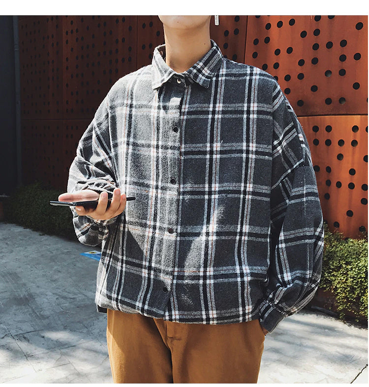 Grey Color Block Plaid Loose Men Fleece Shirt