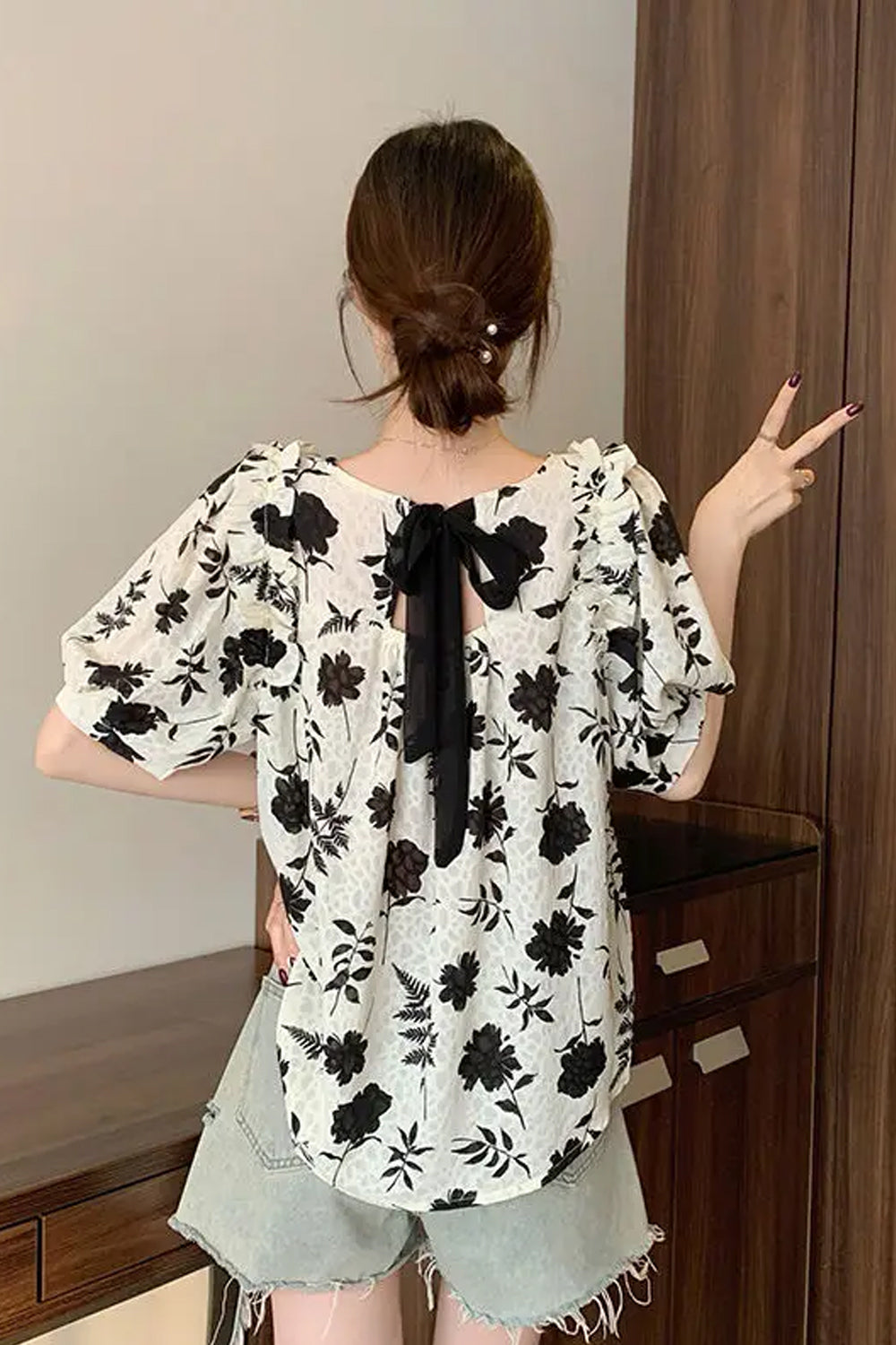 Vintage Floral Printed Backless Blouse Shirt