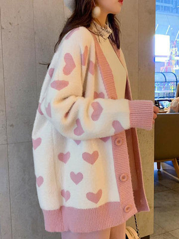 Loose Heart Pattern Cardigan Sweater
