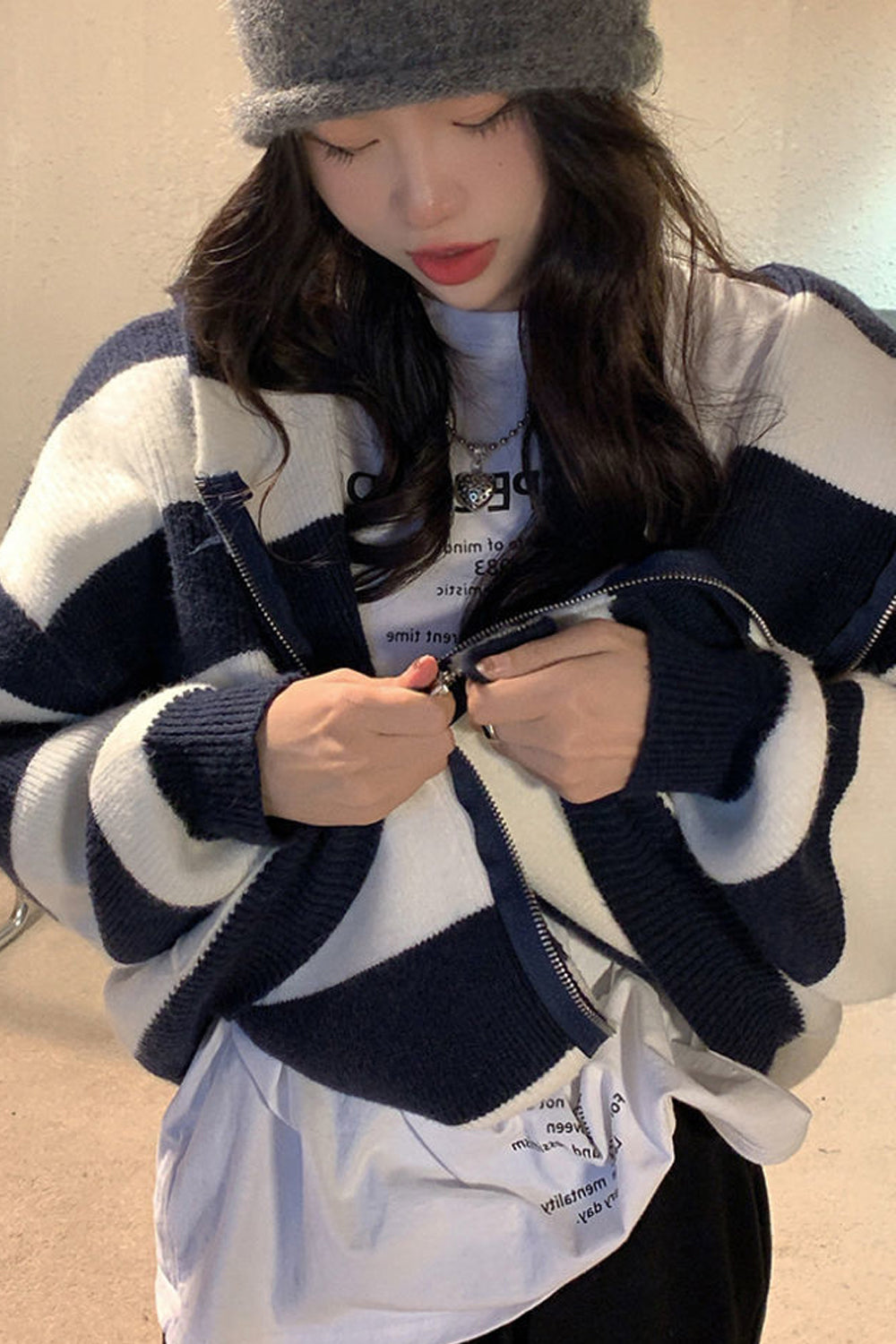 Loose Knitted Zipper Striped Hoodie
