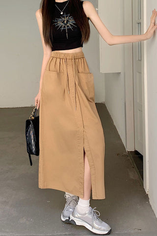 High Waist Front Pockets Long Slit Skirts