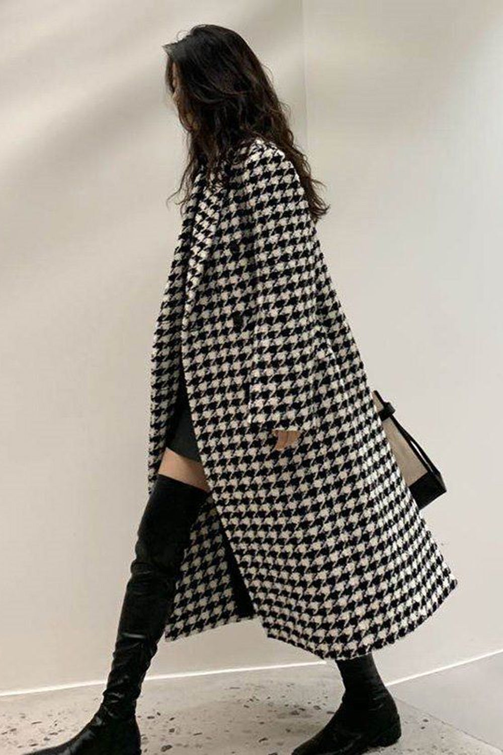 Loose Houndstooth Pattern Woolen Coat Jacket