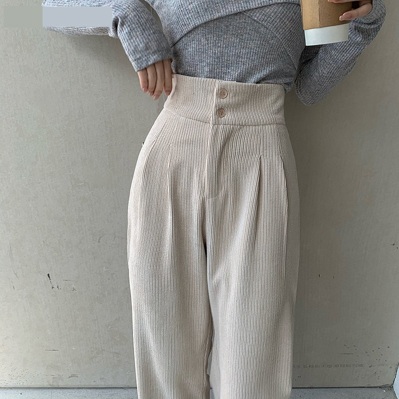 High Waist Double Button Long Casual Corduroy Pants