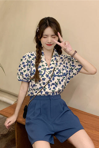 Floral Puff Sleeve Turn Down Collar Blouse Shirt