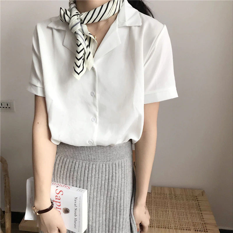 Notched Short Sleeve Blouse Shirt