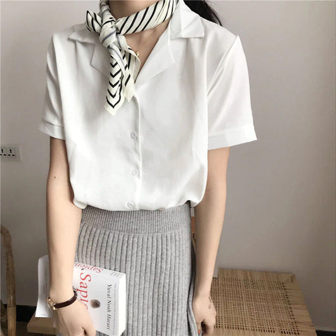 Notched Short Sleeve Blouse Shirt