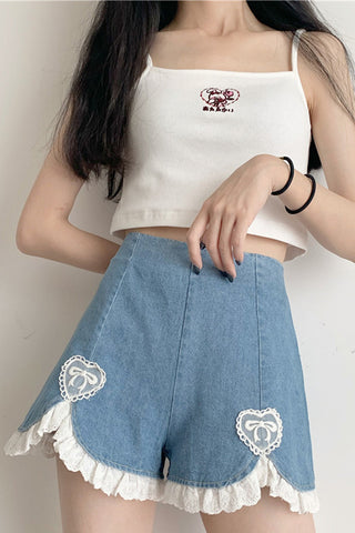 High Waist Sexy Lace Irregular Jeans Shorts