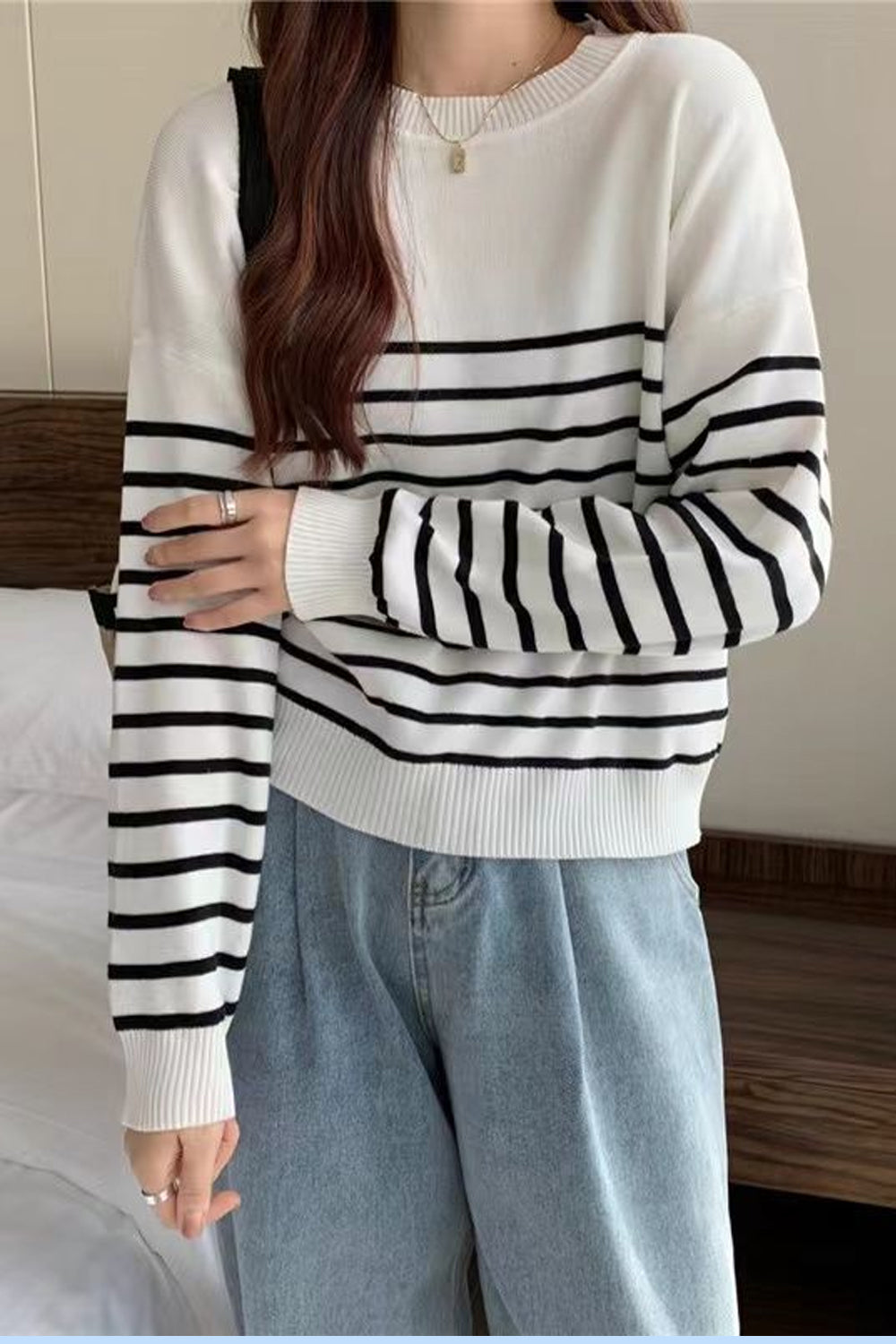 Long Sleeve O-Neck Striped Knitted Sweater