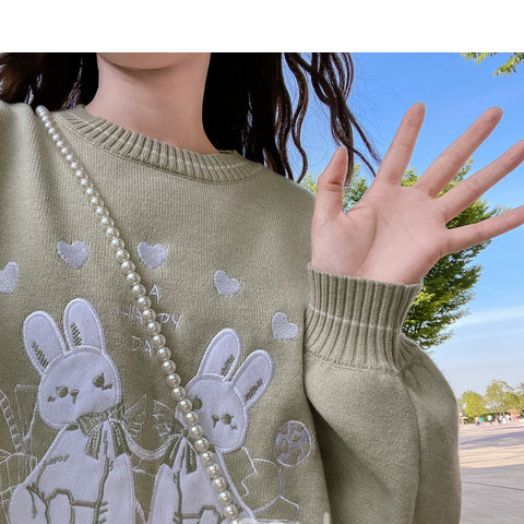Loose Cute Rabbit Embroidery Knitted Sweater