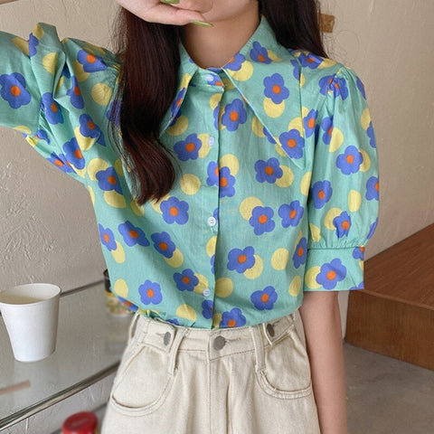 Cartoon Floral Printed Retro Blouse Shirt