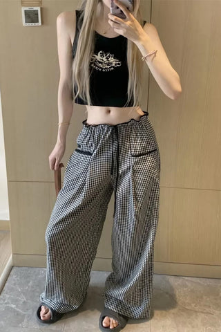 High Waist Loose Sweet Ruffles Plaid Pants