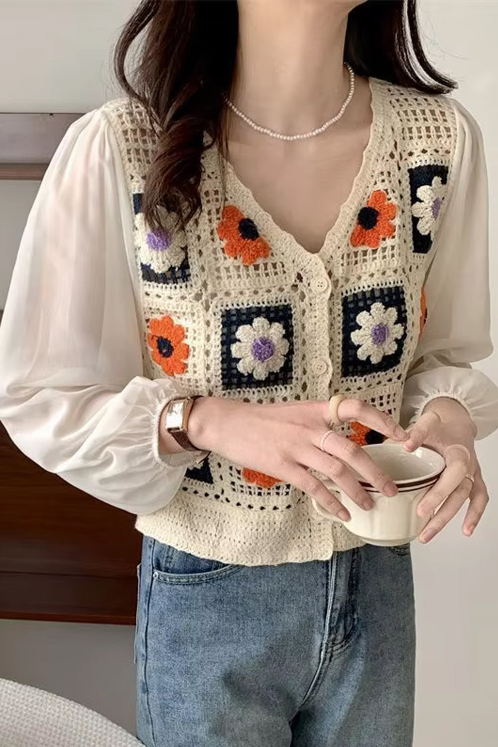 Long Sleeve Transparent  V-Neck Crochet Shirts