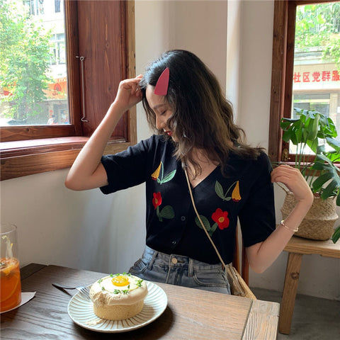 Sweet V-Neck Flowers Embroidered Shirts
