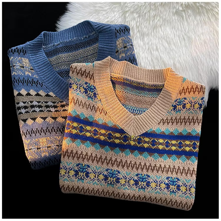 V-Neck Retro Style Pattern Sleeveless Vest Sweater