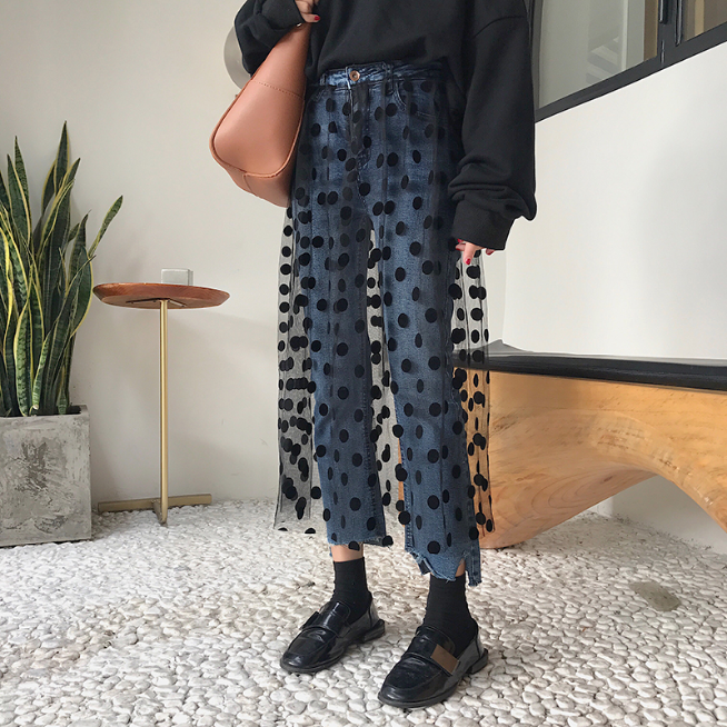 Jeans mit hoher Taille und Tüll-Polka-Dots 