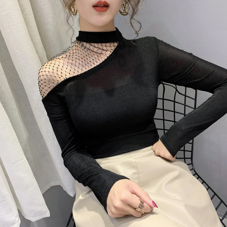 High Mesh Collar Hollow Out Blouse Shirt