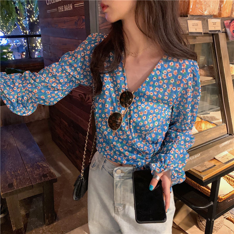 Vintage Florals Pattern Lantern Sleeve Blouse Shirt