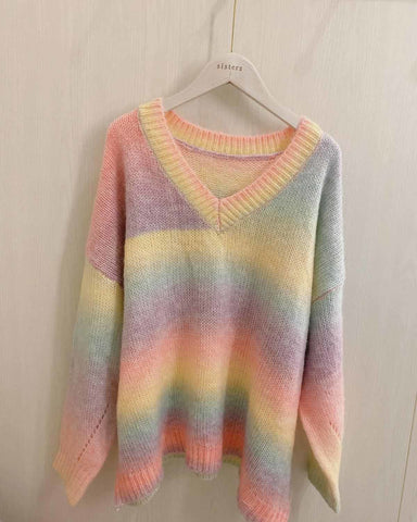 Loose Casual V-Neck Rainbow Knitted Sweater