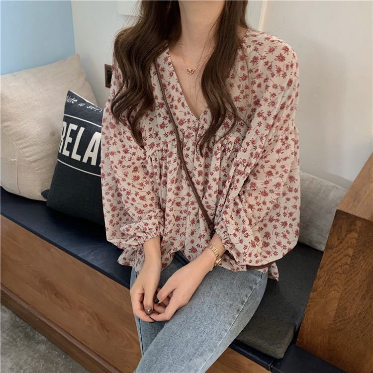 Long Sleeve V-Neck Chiffon Floral Loose Shirt