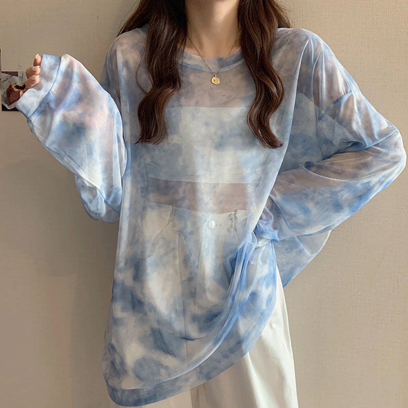 Langärmlige, halbtransparente Tie-Dye-Shirts 